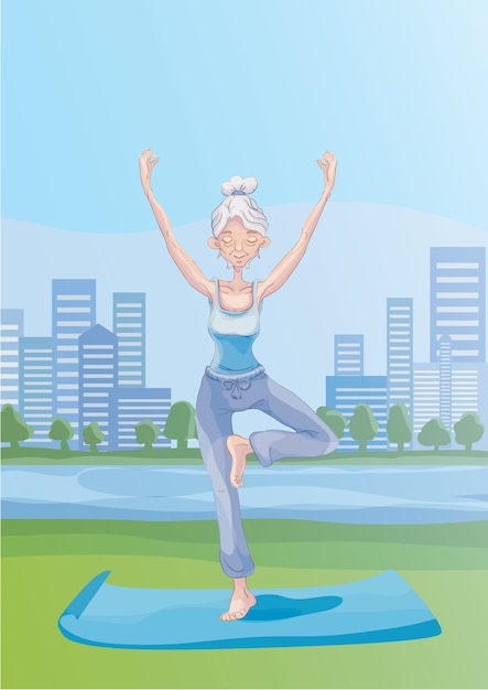 Une Vieille Femme Aux Cheveux Gris Pratique Le Yoga En Plein Air Dans Le Parc De La Ville, Debout Sur Une Jambe. Mode De Vie Actif Et Activités Sportives Dans La Vieillesse. Illustration.