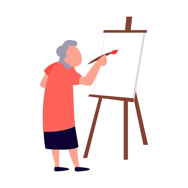 Vieille Femme Peint Sur Toile. Studio D'art-thérapie Pour Le Concept Des Personnes âgées. Activités De Loisirs Et De Loisirs Pour Les Seniors Vector Illustration Plate