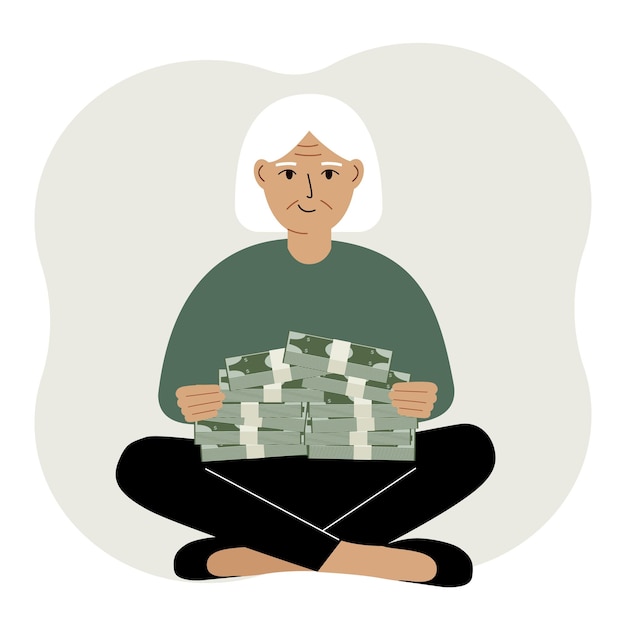 Une Vieille Femme Tient Des Liasses D'argent Liquide Ou De Billets De Banque Dans Ses Mains Illustration De Concept D'entreprise Et De Finance Réussie Dans Un Style Plat