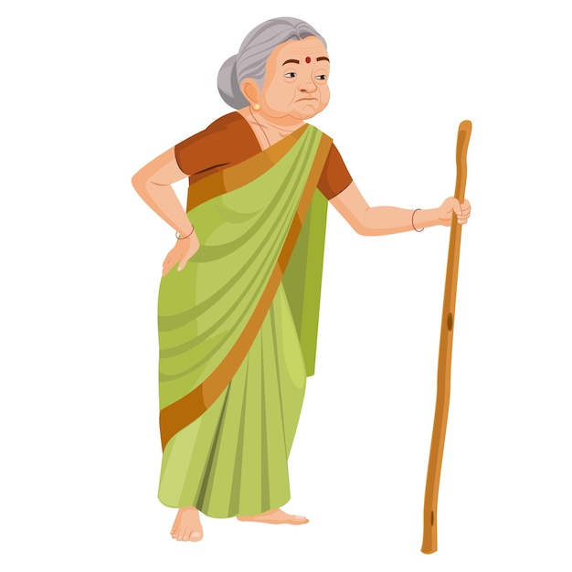 Une Vieille Indienne Qui Marche Avec Un Bâton.