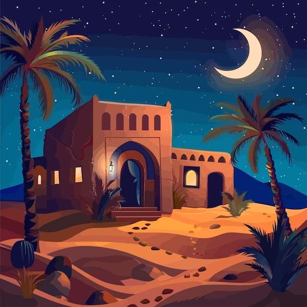 Vieille Maison Arabe Dans L'oasis Du Désert Dans La Nuit Vecteur