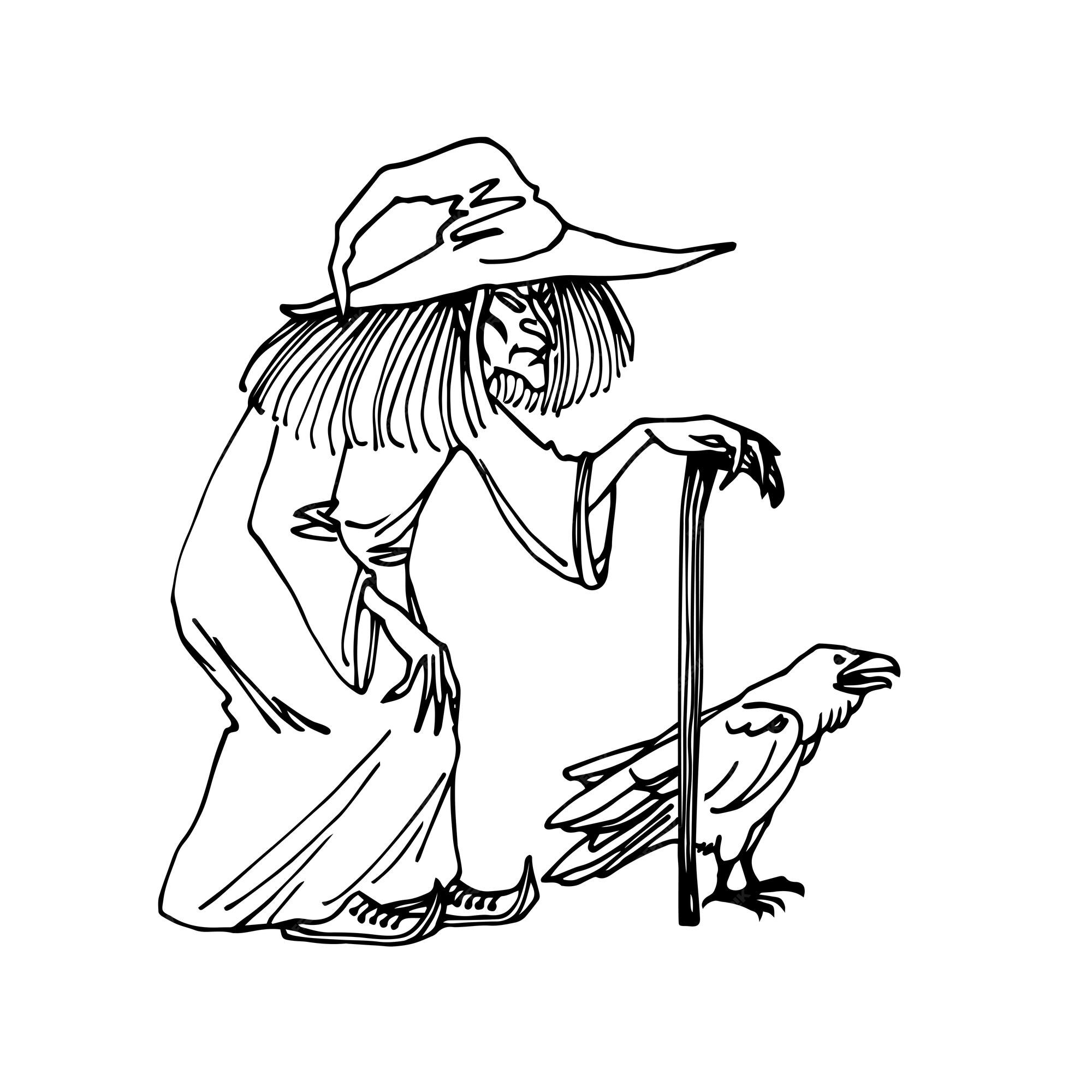 Comment Dessiner Une Sorcière Méchante Une Vieille Sorcière Méchante Qui Marche Avec Une Béquille Et Un Corbeau. Un Personnage D'halloween. A L'encre Noire. | Vecteur Premium