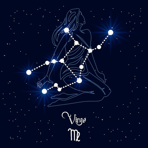 Vierge, Constellation Et Signe Du Zodiaque Sur Le Fond De L'univers Cosmique. Design Bleu Et Blanc