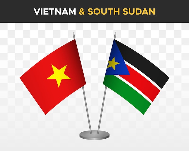 Vietnam Vs Soudan Du Sud Drapeaux De Bureau Mockup Illustration Vectorielle 3d Isolée Drapeaux De Table Vietnamiens