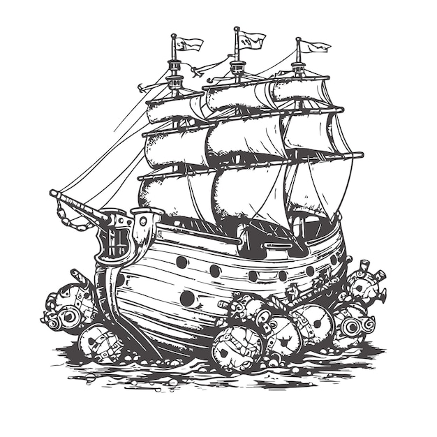 Vecteur vieux canon de bateau pirate et boulets de canon en noir et blanc un croquis dessiné à la main mis en évidence sur un fond blanc illustration vectorielle