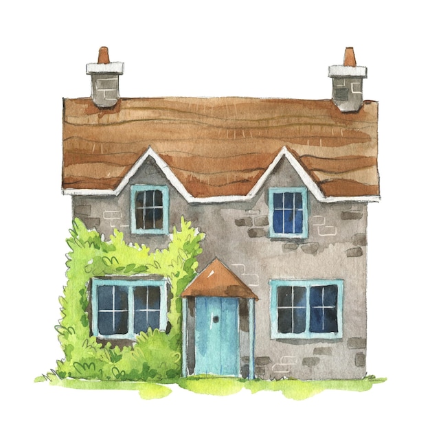 Vieux cottage britannique d'aquarelle, architecture traditionnelle anglaise