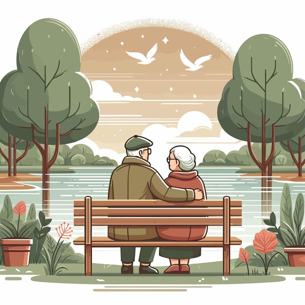 Vecteur un vieux couple sur le banc du lac.