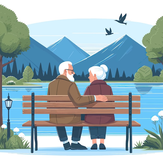 Vecteur un vieux couple sur le banc du lac.