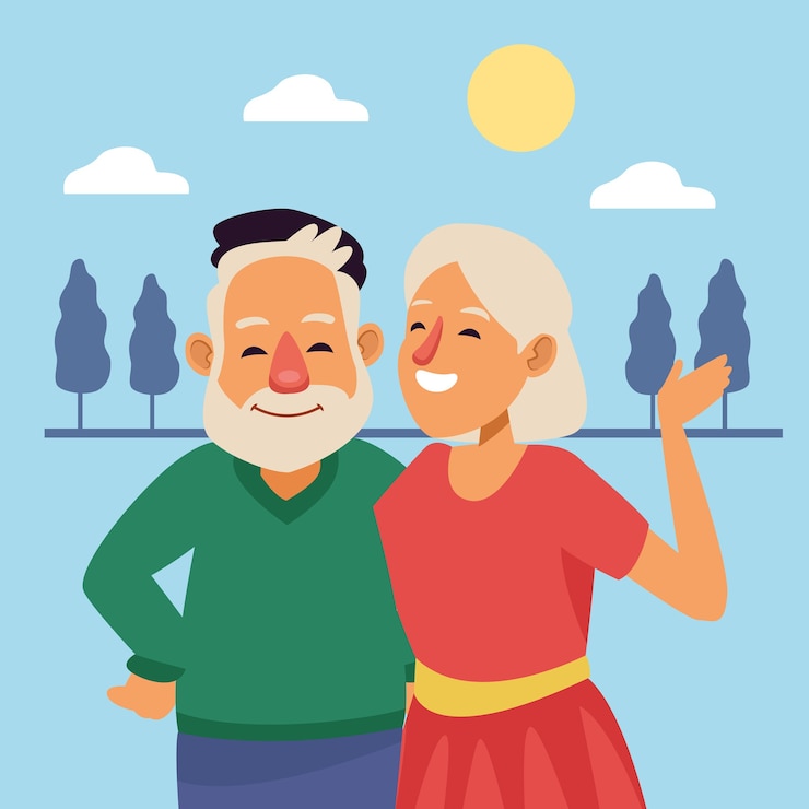 Vecteur vieux couple scène extérieure personnages seniors actifs.