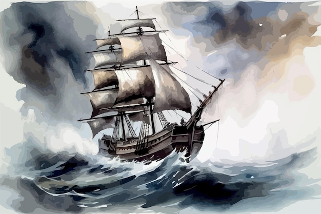 Vieux galion Voilier Aquarelle de navire de guerre Frégate naviguant sur les mersBateau sur l'océan