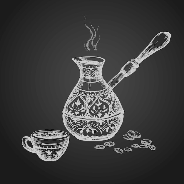 Vieux grains de café tasse Cezve dessinés à la main Illustration vectorielle
