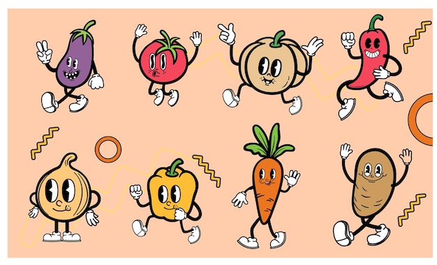 vieux jeu de caractères de légumes de dessin animé drôle