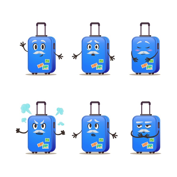 Vecteur un vieux jeu d'émotions de valise de vecteur de dessin animé. bagages pour voyager avec cachets de la poste. illustration
