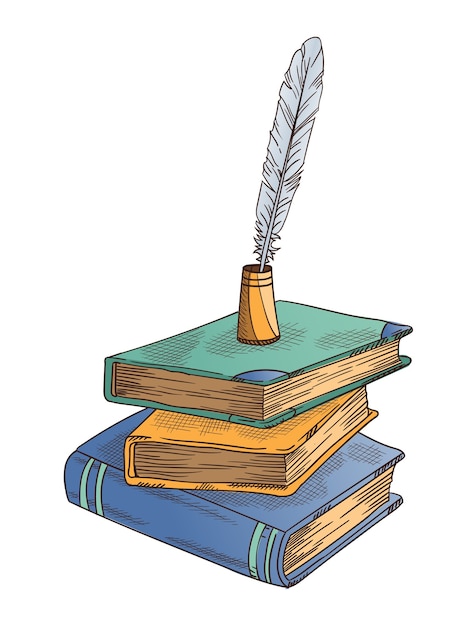 Vieux livres. vieux livres fermés pile avec plume antique vintage et plume plume en encrier. Parchemin. Papeterie d'écriture rétro pour le travail de poésie ou l'éducation.