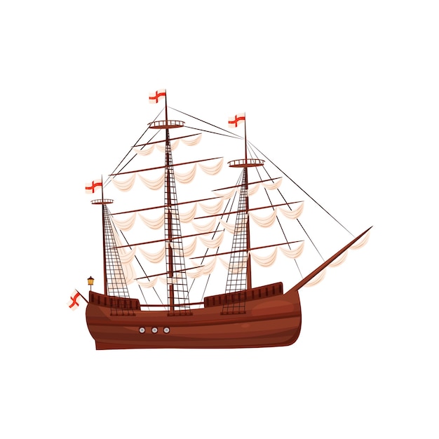 Vieux Navire En Bois Avec Des Voiles Et Des Drapeaux Avec Des Croix Rouges Grand Navire Marin élément Pour Le Thème Du Moyen âge Design Graphique Pour Enfants Livre Ou Jeu Mobile Icône Vectorielle Plate Isolée Sur Fond Blanc