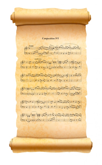 Vieux Parchemin Texturé Avec Feuille De Composition Musicale Isolated On White