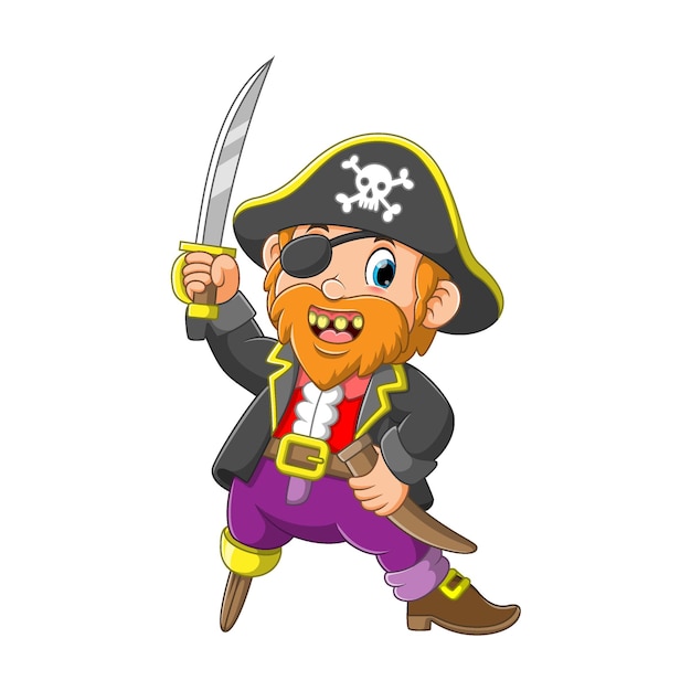 Vieux Pirate Avec Une Jambe En Bois Tenant Illustration De L'épée