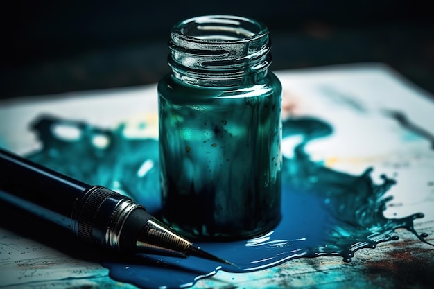 Vecteur vieux stylo sur l'eau contaminée par de l'encre bleue