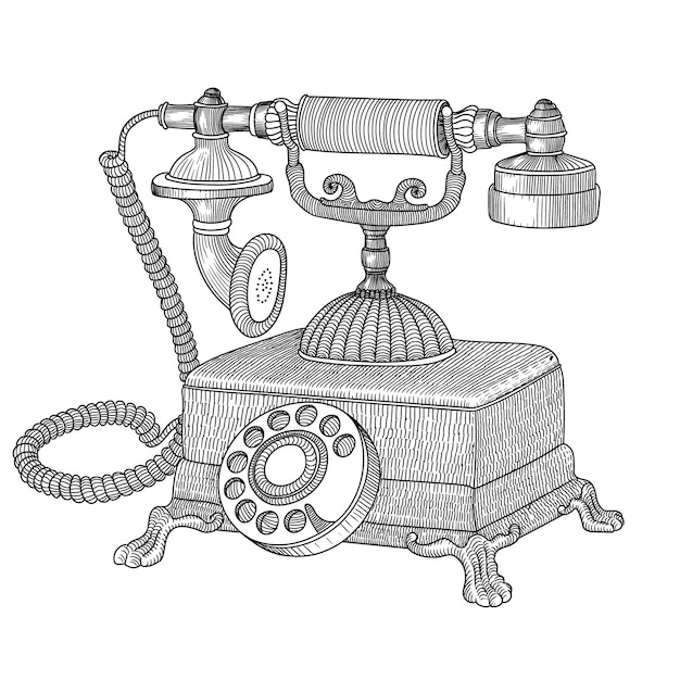 Vieux téléphone vintage avec disque croquis dessiné à la main