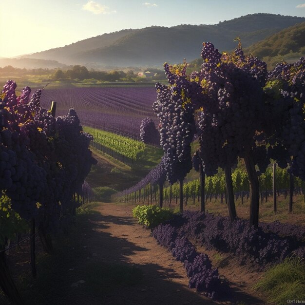 Une vigne luxuriante de raisins violets profonds brillants