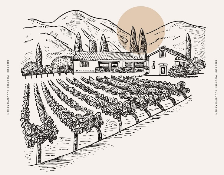 Vecteur la vigne avec les montagnes un dessin pittoresque de la beauté de la nature