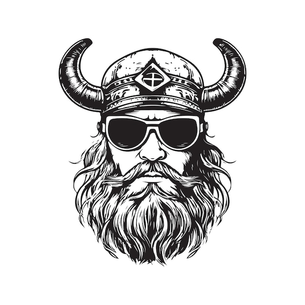 Viking portant des lunettes de soleil vintage logo ligne art concept noir et blanc couleur illustration dessinée à la main