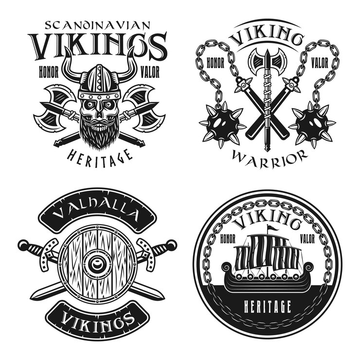Vikings ensemble de quatre emblèmes vectoriels, étiquettes, badges, logos ou t-shirts imprimés dans un style vintage monochrome isolé sur fond blanc