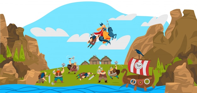 Vikings et guerriers scandinaves, dieux, illustration de dessin animé drôle de paysage de l'histoire de la Scandinavie.