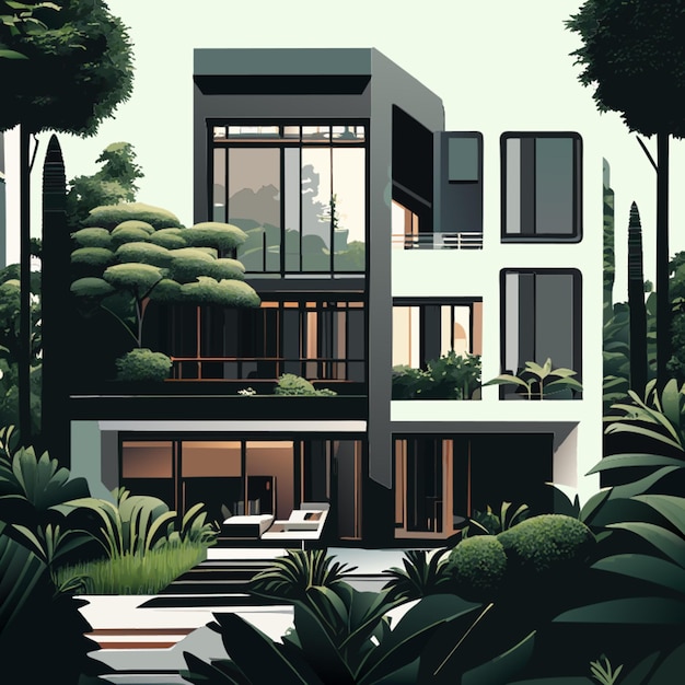 Vecteur la villa de 2 étages est entourée de murs de jardin illustration vectorielle