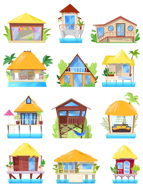 Vecteur villa tropical resort hotel sur la plage de l'océan ou la façade de l'immeuble au paradis ensemble d'illustration de bungalow dans le village isolé sur fond blanc
