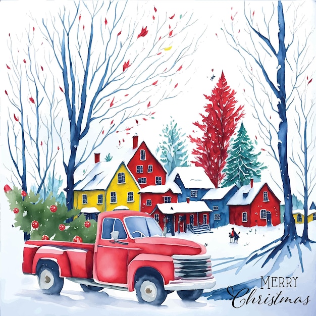 Vecteur le village enneigé de noël et le camion rouge avec l'arbre de noël illustration vectorielle de noël