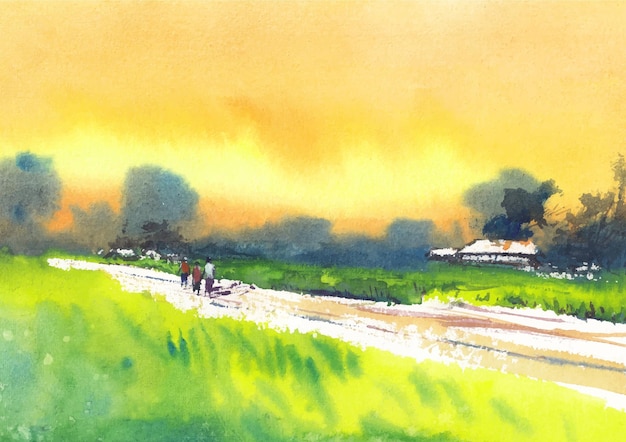 Village nature aquarelle art