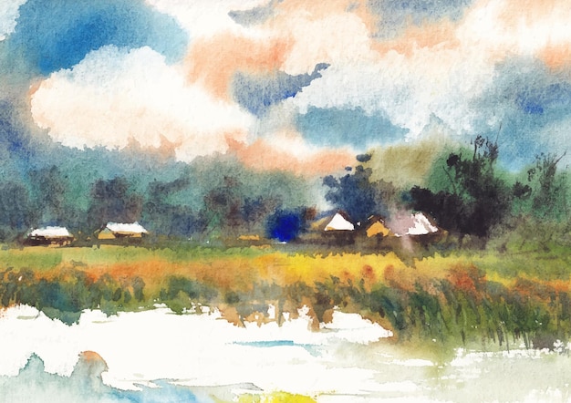 village nature peinture paysage par aquarelle