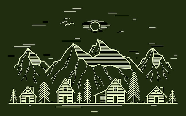 Village Rural Dans La Chaîne De Montagnes Et Pinèdes Illustration Vectorielle Linéaire Sur Des Maisons En Bois Sombres Dans Des Arbres Dessin D'art En Ligne De Forêt, Chalets De Cabanes En Rondins De Campagne, Voyagez Dans La Nature Pour Vous Reposer.