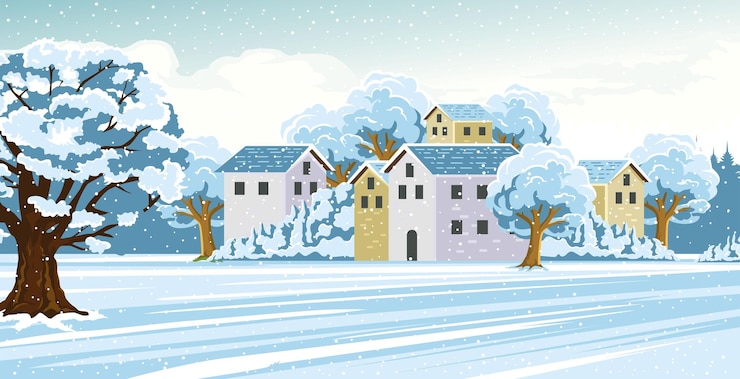 Vecteur un village tranquille entouré d'arbres enneigés avec des chutes de neige douces maisons chaleureuses d'hiver paisibles