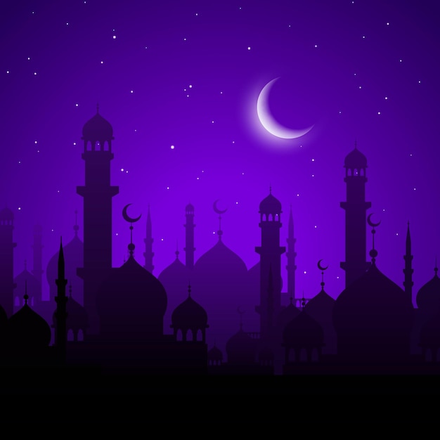 Ville arabe, scène de nuit. silhouettes de mosquées et de minarets arabes sous un ciel étoilé violet avec lune lueur.