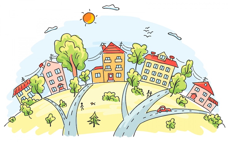 Vecteur ville de dessin animé sur une colline