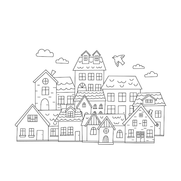 Ville de doodle dessinée à la main avec de petites maisons