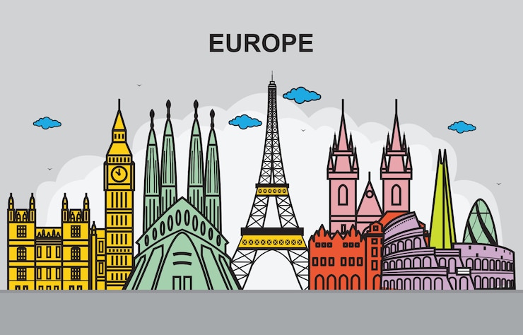 Vecteur ville, europe, paysage urbain, horizon, voyage, illustration