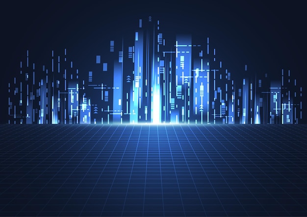 Ville futuriste sur fond bleu foncé avec technologie néon rougeoyant Illustration vectorielle