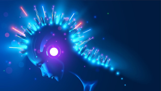 Une ville intelligente futuriste sur la tête AI à l'image cyborg féminine ou femme robot Intelligence artificielle Technologie IOT communications Internet dans le système d'infrastructure de la ville moderne Gratte-ciel à la lumière du néon
