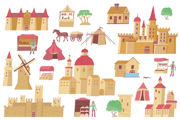 Vecteur ville médiévale ensemble plat d'icônes isolées avec des châteaux et des tentes de murs de la ville avec illustration vectorielle de la population locale