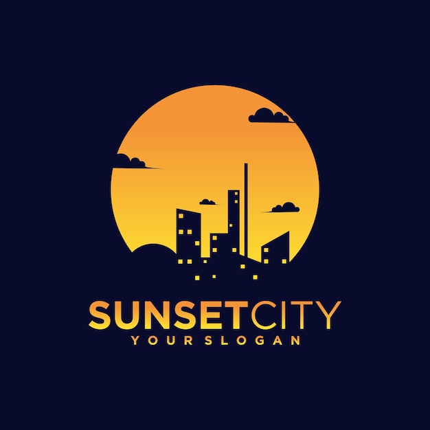 Ville De Nuit, Logo Au Coucher Du Soleil Avec Une Silhouette De Vues Sur La Ville Et Le Bâtiment