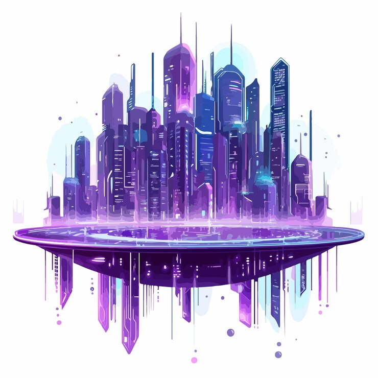 Vecteur une ville technologique futuriste illuminée par des ruisseaux violets et bleus