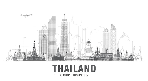 Vecteur villes de thaïlande ligne skyline silhouette illustration vectorielle sur fond blanc concept de voyage et de tourisme d'affaires avec des monuments célèbres de thaïlande image pour le site web de la bannière de présentation