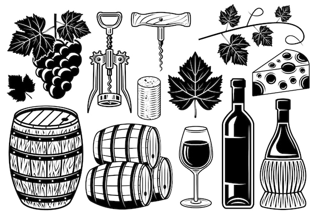 Vin et cave ensemble d'objets vectoriels ou d'éléments de conception en illustration isolée de style vintage noir et blanc