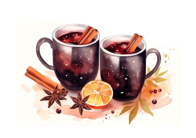 Vin Chaud Aquarelle De Noël Avec Des Oranges Bâtons De Cannelle Anis Blanc Boisson Chaude D'hiver Nourriture