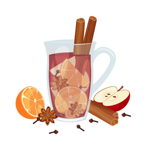 Vin chaud isolé. Ingrédients vin rouge, cannelle, anis, orange, clou de girofle et pomme. Tasse en verre avec boisson chaude d'hiver. Illustration vectorielle sur fond blanc