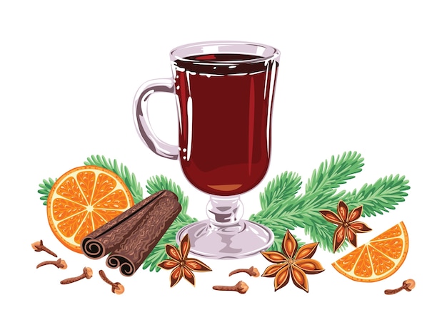 Vecteur vin chaud en verre d'épices branches de sapin et tranches d'orange