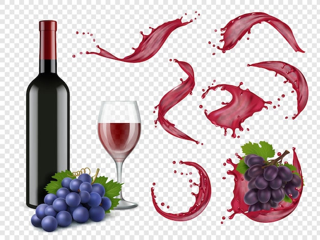 Le vin éclabousse. Le rouge liquide laisse tomber des bouteilles de raisins et des verres pour les boissons alcoolisées vecteur ensemble réaliste. Verre à vin et bouteille de vin rouge illustration